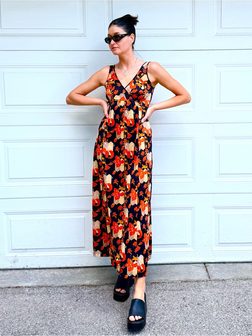 Vintage Maxi Slip Dress 70s Long Nightgown Orange Black Cream Taupe Floral M/L